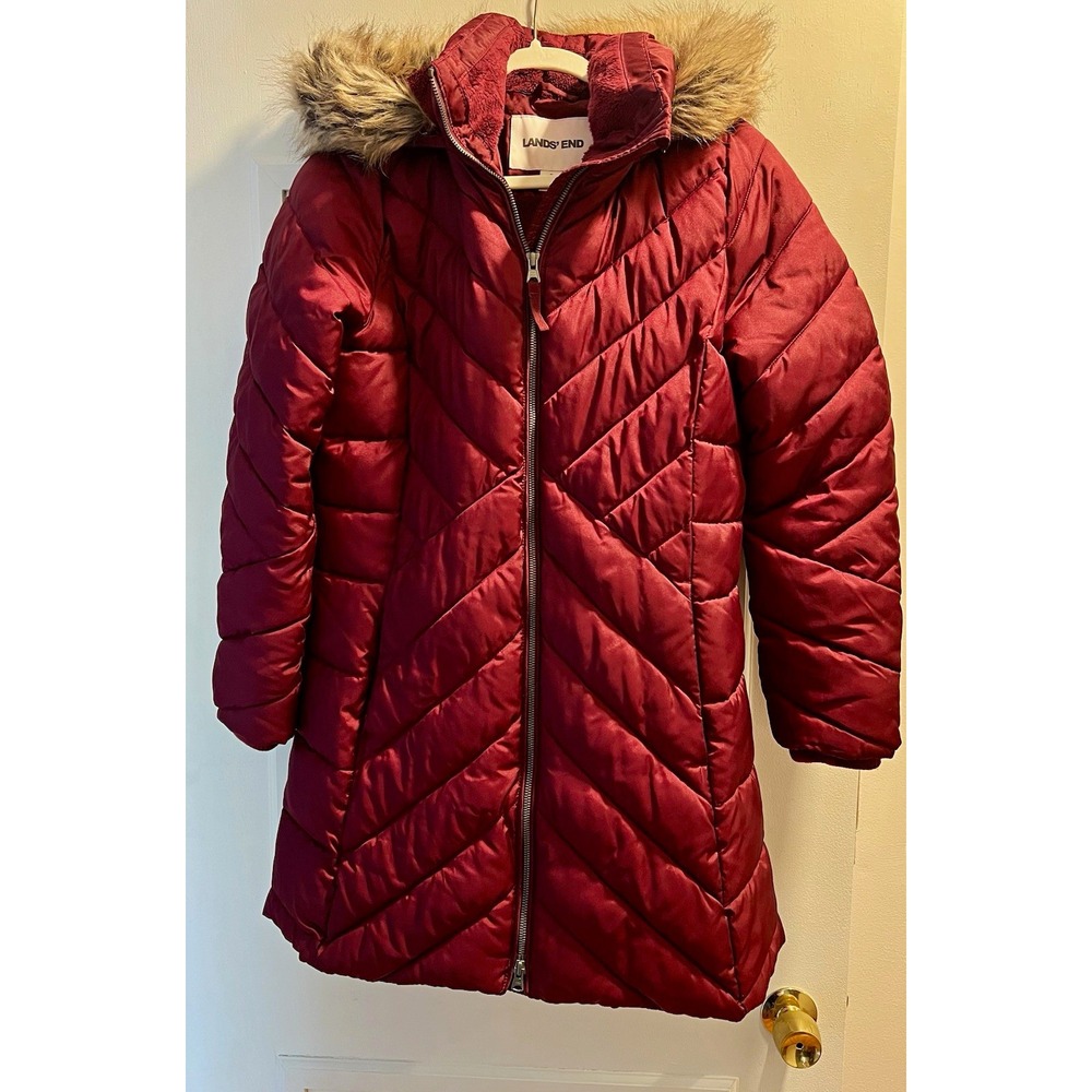 Lands' End Women’s Small Burgundy Quilted Puffer Jacket Full Zip Hood Fur Trim